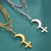 Lilith Crescent Moon Cross Charm Pendant and Necklace Double Layer